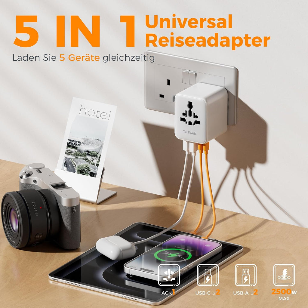 TESSAN Reiseadapter Weltweit Mit 2 USB a Und 2 USB C, Grau