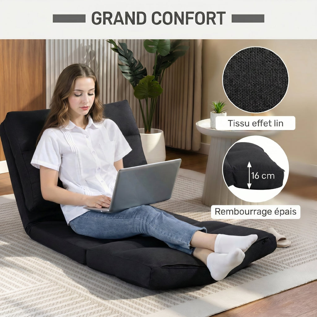 Fauteuil de sol canapé paresseux fauteuil convertible en lit inclinable 90° à 180° tissu - 70 x 72 x 56 cm - noir