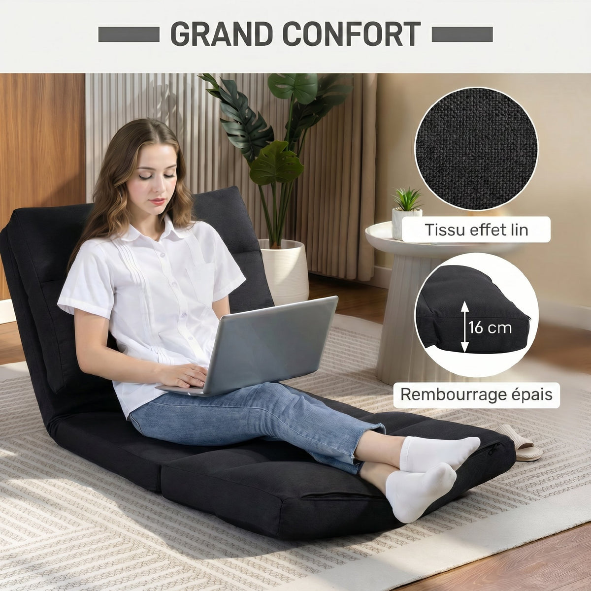 Fauteuil de sol canapé paresseux fauteuil convertible en lit inclinable 90° à 180° tissu - 70 x 72 x 56 cm - noir