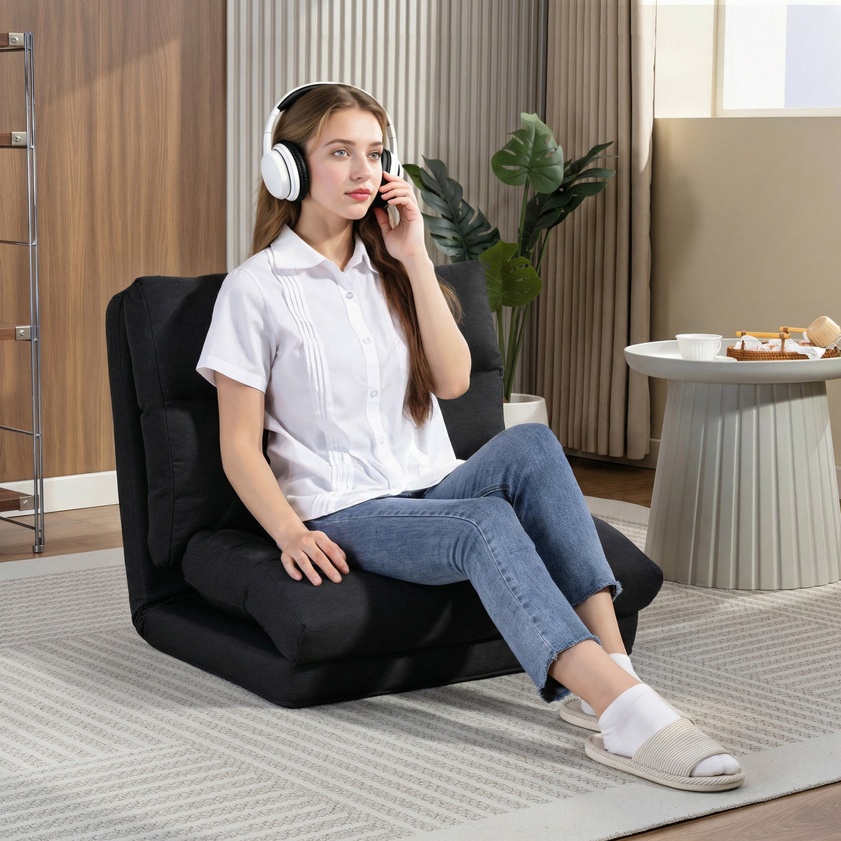Fauteuil de sol canapé paresseux fauteuil convertible en lit inclinable 90° à 180° tissu - 70 x 72 x 56 cm - noir
