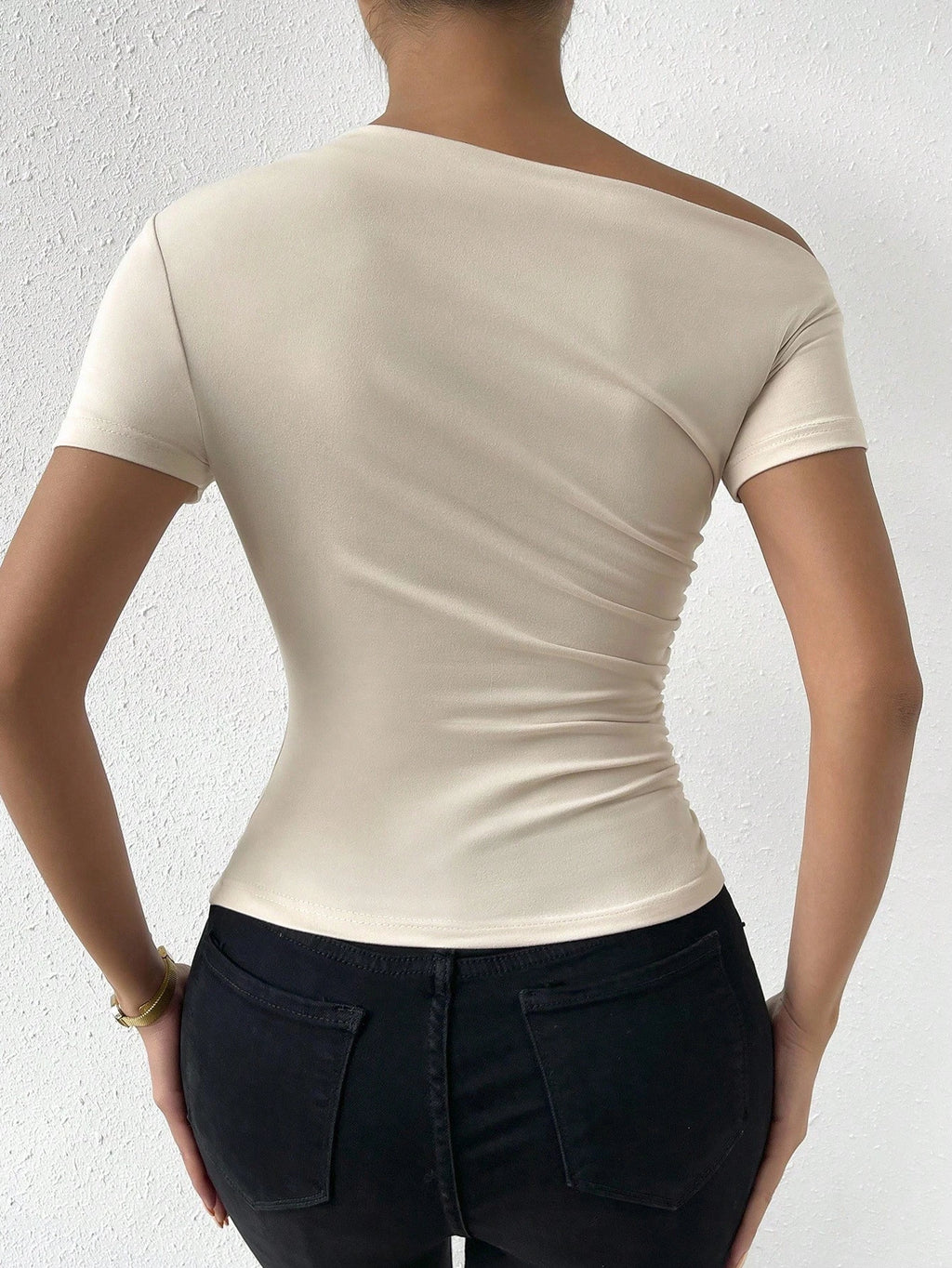 Elenzga Women'S Casual Solid Color Ruched Asymmetric Short Sleeve T-Shirt