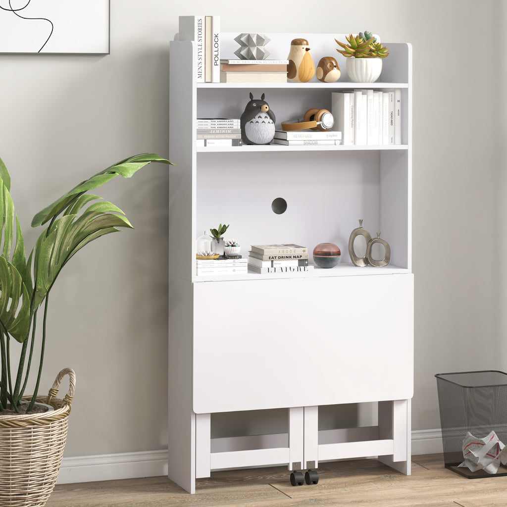 Bureau informatique avec étagères de rangement plateau rabattable 2 roulettes pour chambre salon 80 x 69 x 155 cm blanc