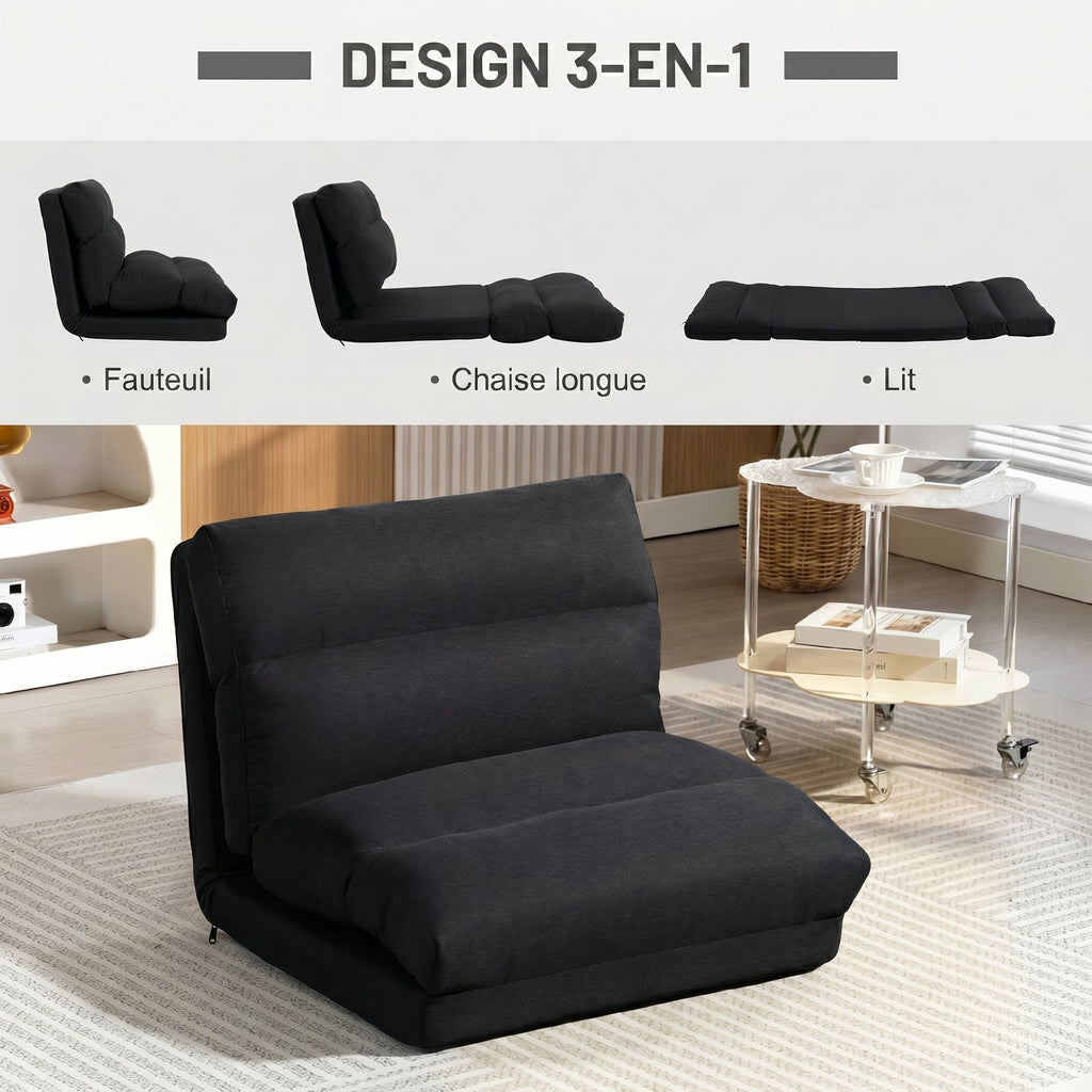 Fauteuil de sol canapé paresseux fauteuil convertible en lit inclinable 90° à 180° tissu - 70 x 72 x 56 cm - noir