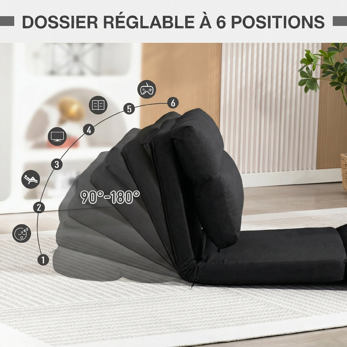 Fauteuil de sol canapé paresseux fauteuil convertible en lit inclinable 90° à 180° tissu - 70 x 72 x 56 cm - noir