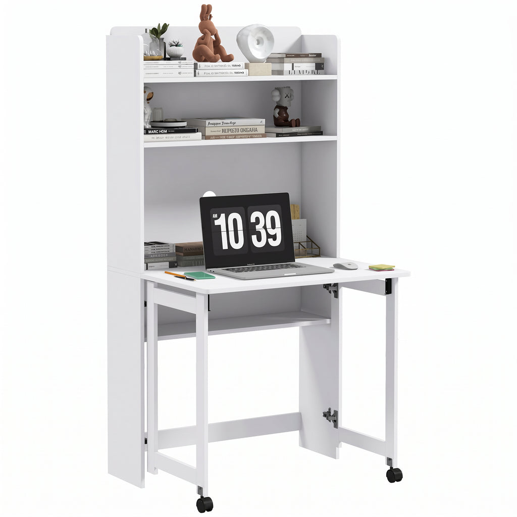 Bureau informatique avec étagères de rangement plateau rabattable 2 roulettes pour chambre salon 80 x 69 x 155 cm blanc