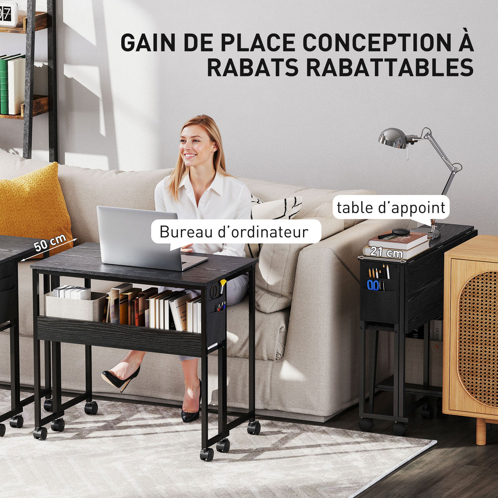 Bureau pliable sur roulettes 80 x 50 cm avec étagère et sac de rangement, noir
