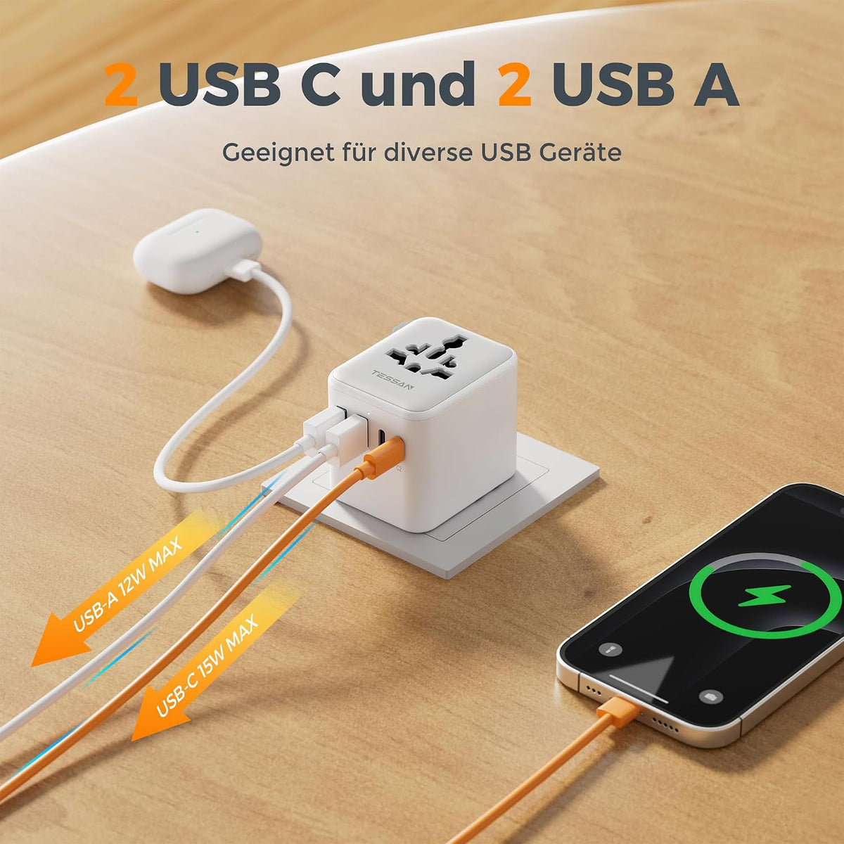 TESSAN Reiseadapter Weltweit Mit 2 USB a Und 2 USB C, Grau
