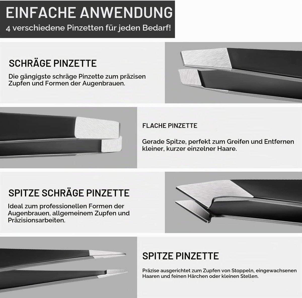 Upmore 4X Pinzette Set Edelstahl - Schwarz Augenbrauenpinzette Set Schere Pinzette, Gerade Schräge Spitze Zupfpinzette Splitterpinzette Spitzpinzette Für Frauen Und Männer