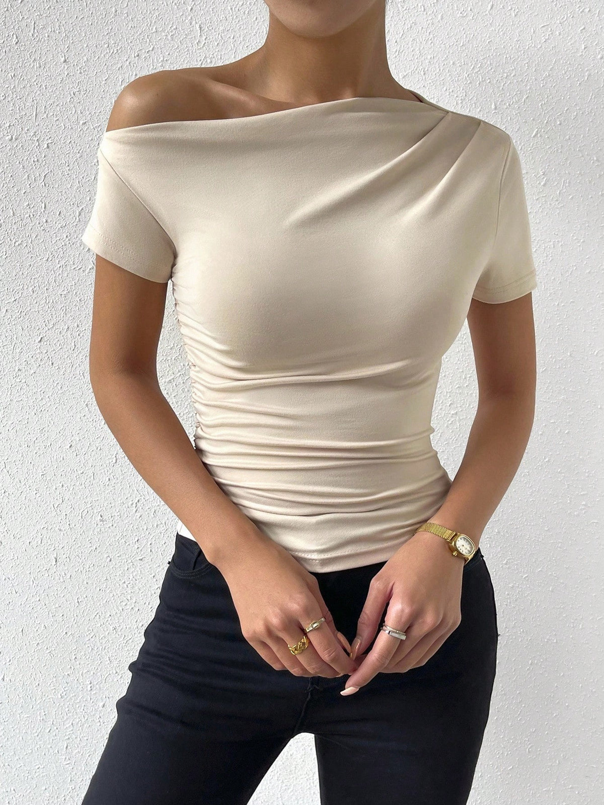 Elenzga Women'S Casual Solid Color Ruched Asymmetric Short Sleeve T-Shirt