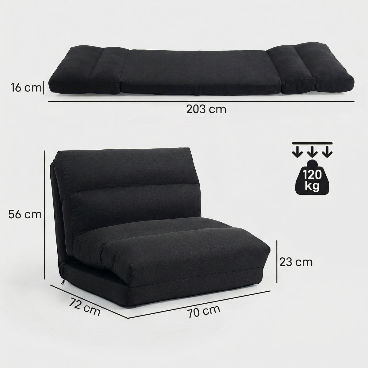 Fauteuil de sol canapé paresseux fauteuil convertible en lit inclinable 90° à 180° tissu - 70 x 72 x 56 cm - noir