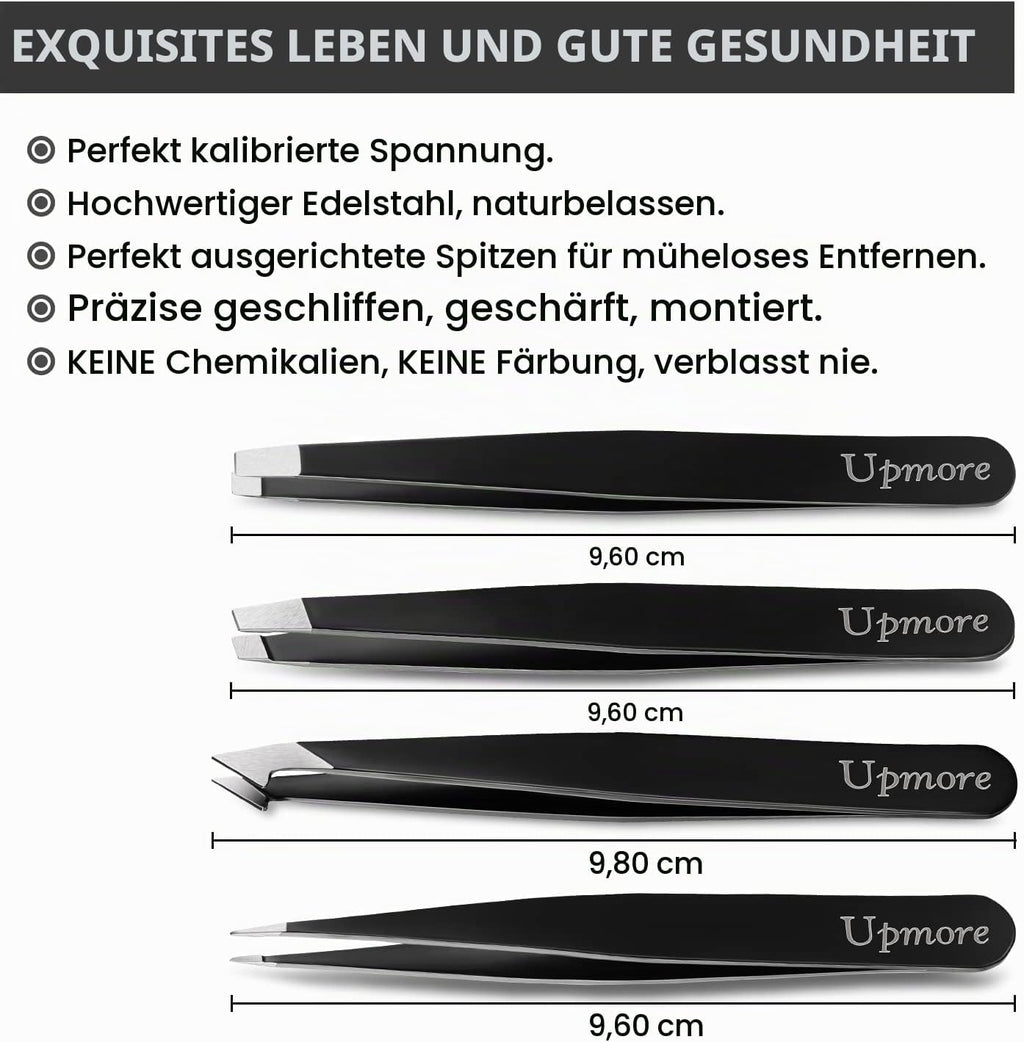 Upmore 4X Pinzette Set Edelstahl - Schwarz Augenbrauenpinzette Set Schere Pinzette, Gerade Schräge Spitze Zupfpinzette Splitterpinzette Spitzpinzette Für Frauen Und Männer