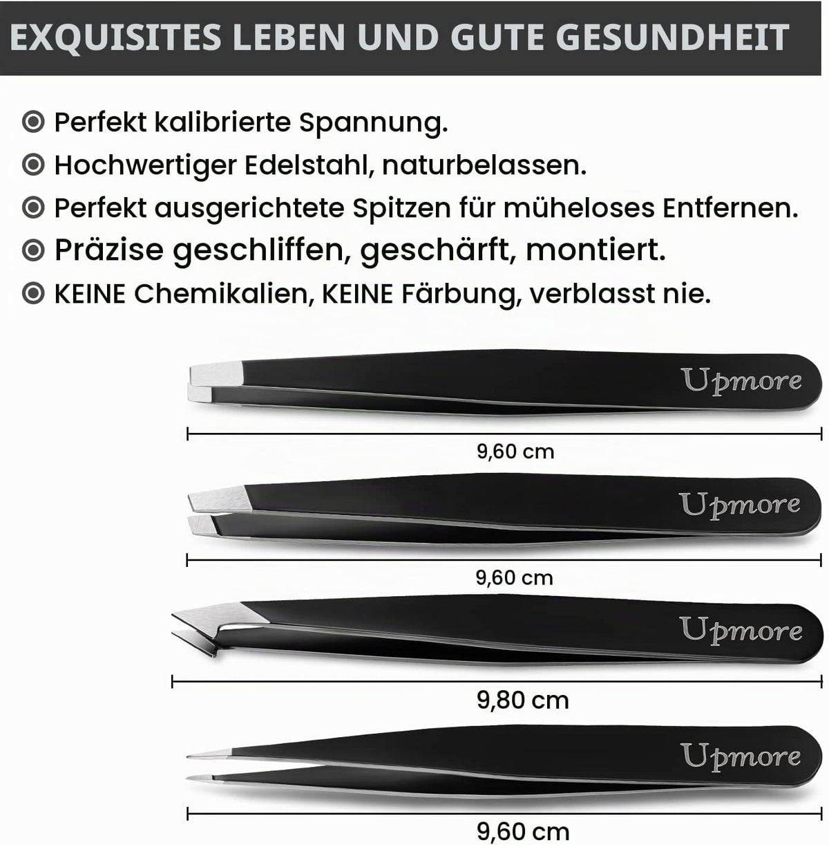 Upmore 4X Pinzette Set Edelstahl - Schwarz Augenbrauenpinzette Set Schere Pinzette, Gerade Schräge Spitze Zupfpinzette Splitterpinzette Spitzpinzette Für Frauen Und Männer