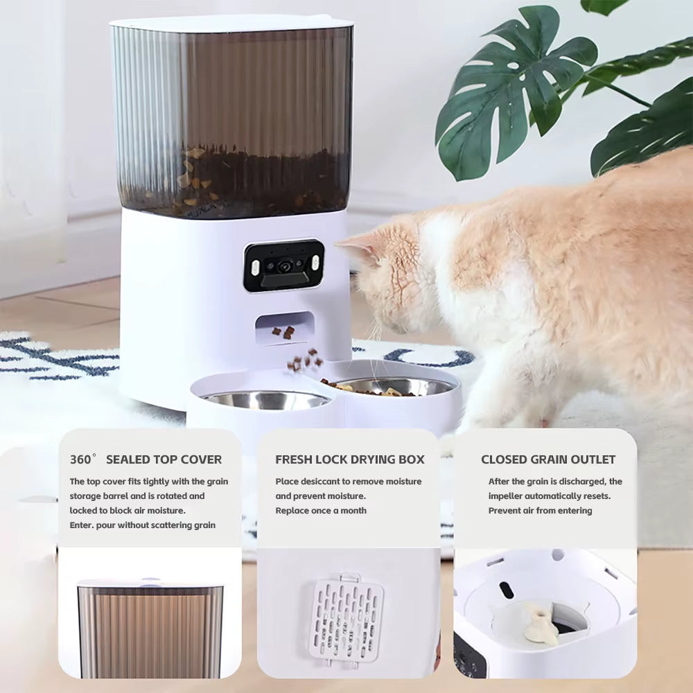 5L Pet Feeder with Camera Automatic Cat Feeder Smart Dog Food Dispenser Wifi Timing Stainless Steel Feeding Bowl（No 5V 2A Plug）