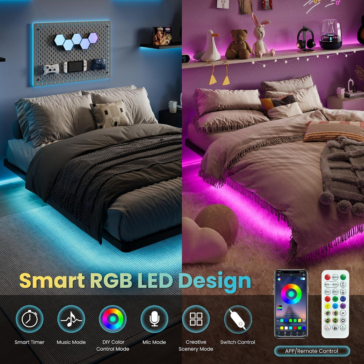 Full Floating Platform Bedframe Smart LED Lighting