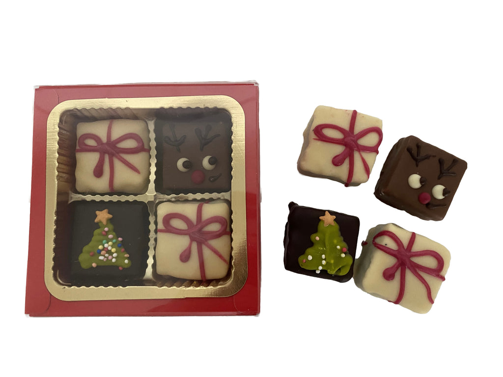 Weihnachtliche Petit Fours mit Schokoladenüberzug