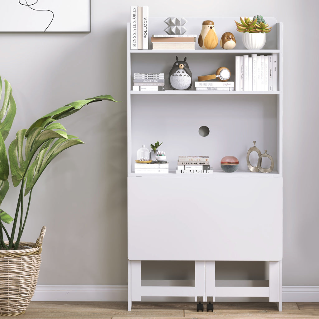 Bureau informatique avec étagères de rangement plateau rabattable 2 roulettes pour chambre salon 80 x 69 x 155 cm blanc