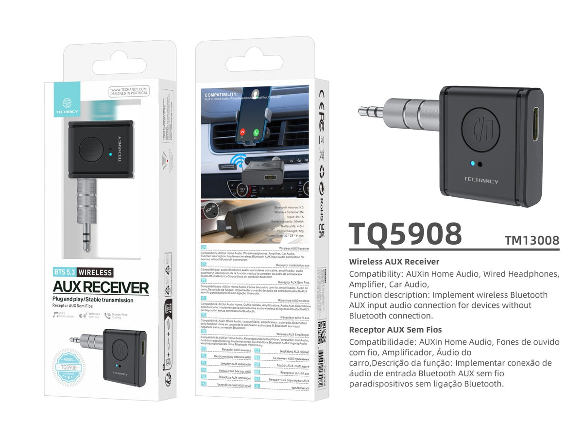 Techancy Receptor AUX Sem Fios TQ5908 Bluetooth 5.3, Audio Carro, Som Casa, Auriculares, Compacto e Portatil