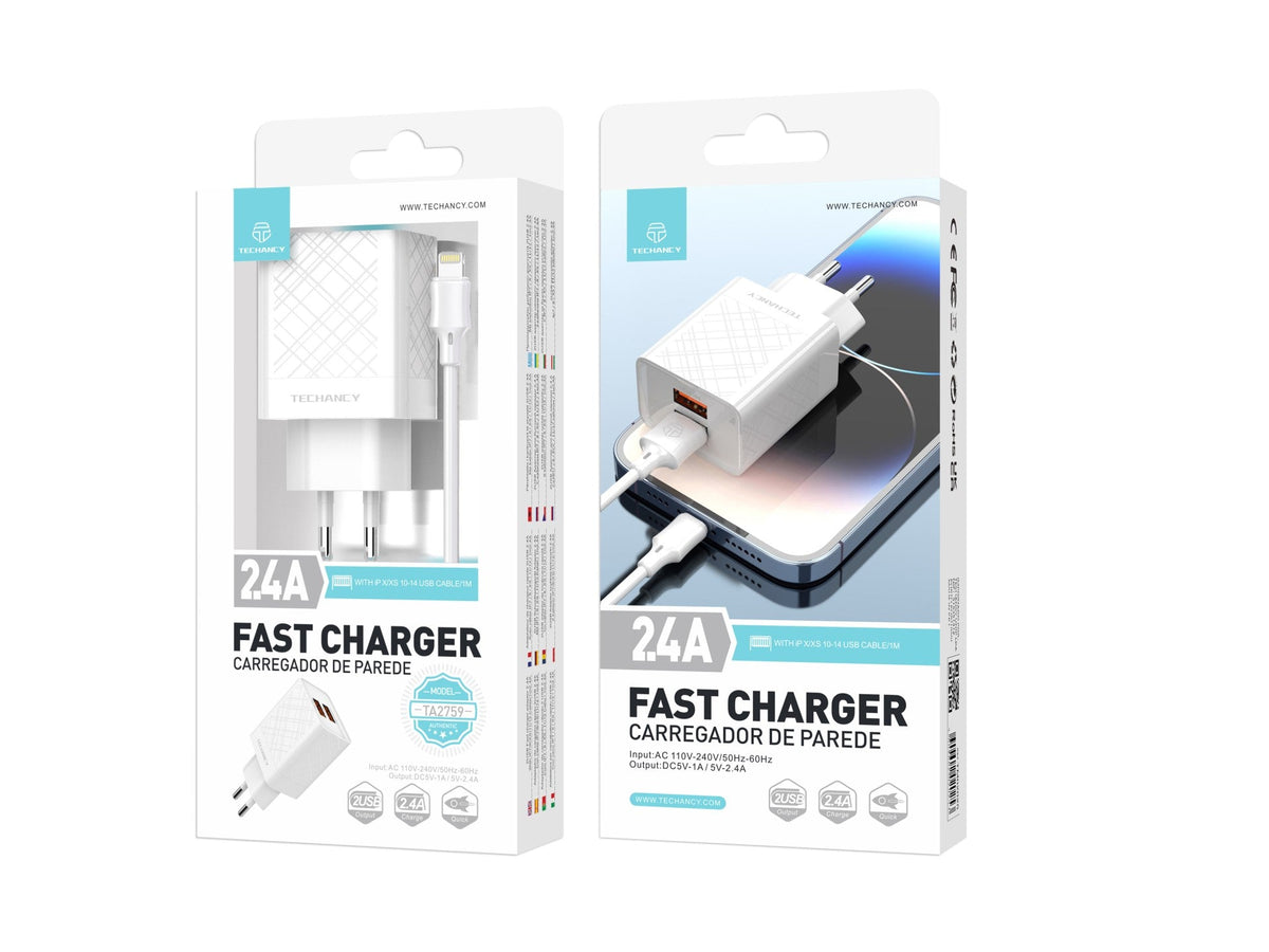 Techancy Carregador Usb 2.4A Branco  TA2759, Kit De Cabos Ip7/X/11-14, 1m 2.4A, Chip Inteligente Incorporado.
