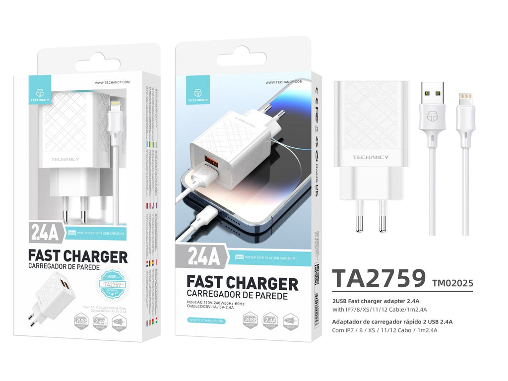Techancy Carregador Usb 2.4A Branco  TA2759, Kit De Cabos Ip7/X/11-14, 1m 2.4A, Chip Inteligente Incorporado.