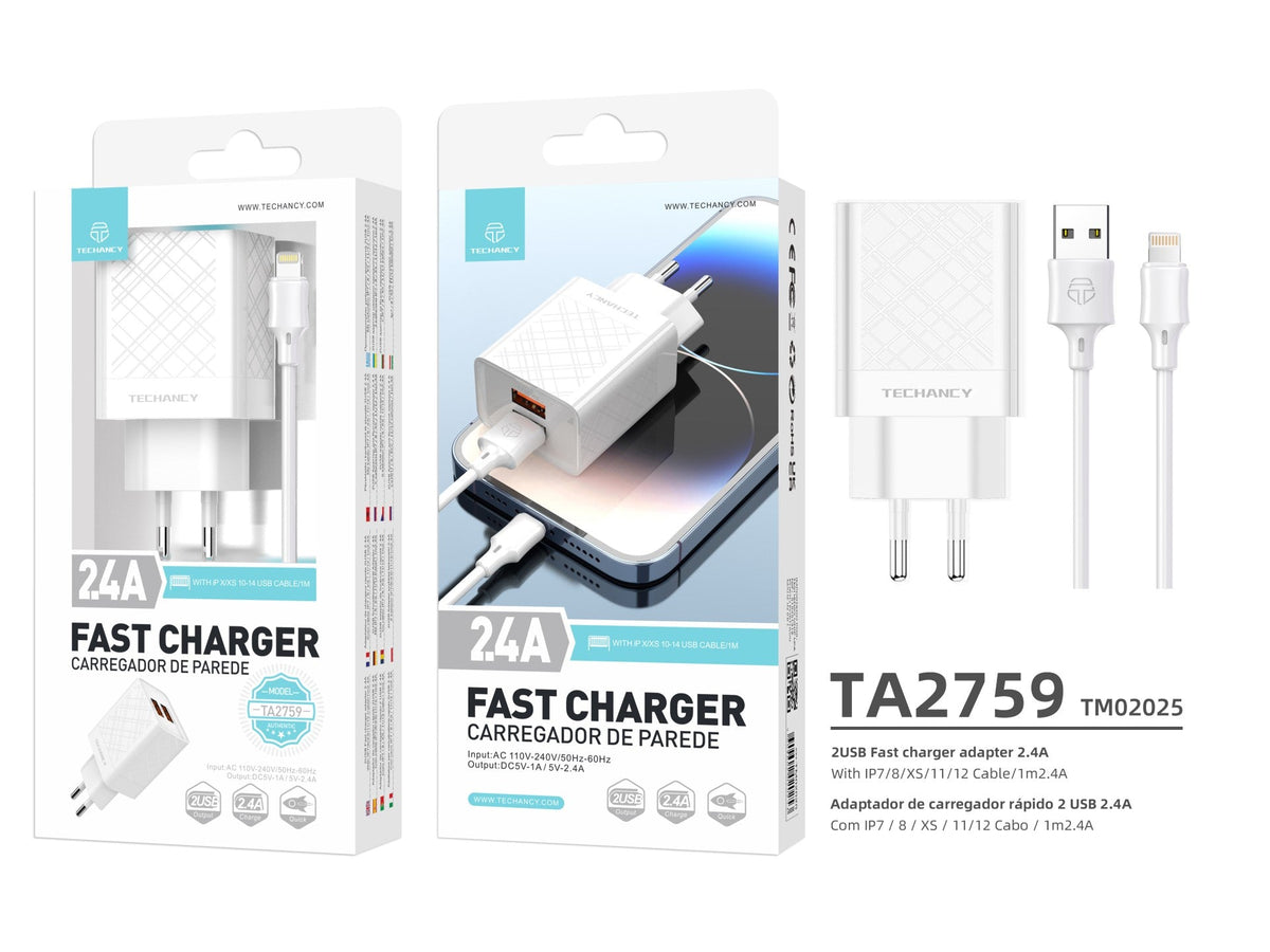 Techancy Carregador Usb 2.4A Branco  TA2759, Kit De Cabos Ip7/X/11-14, 1m 2.4A, Chip Inteligente Incorporado.