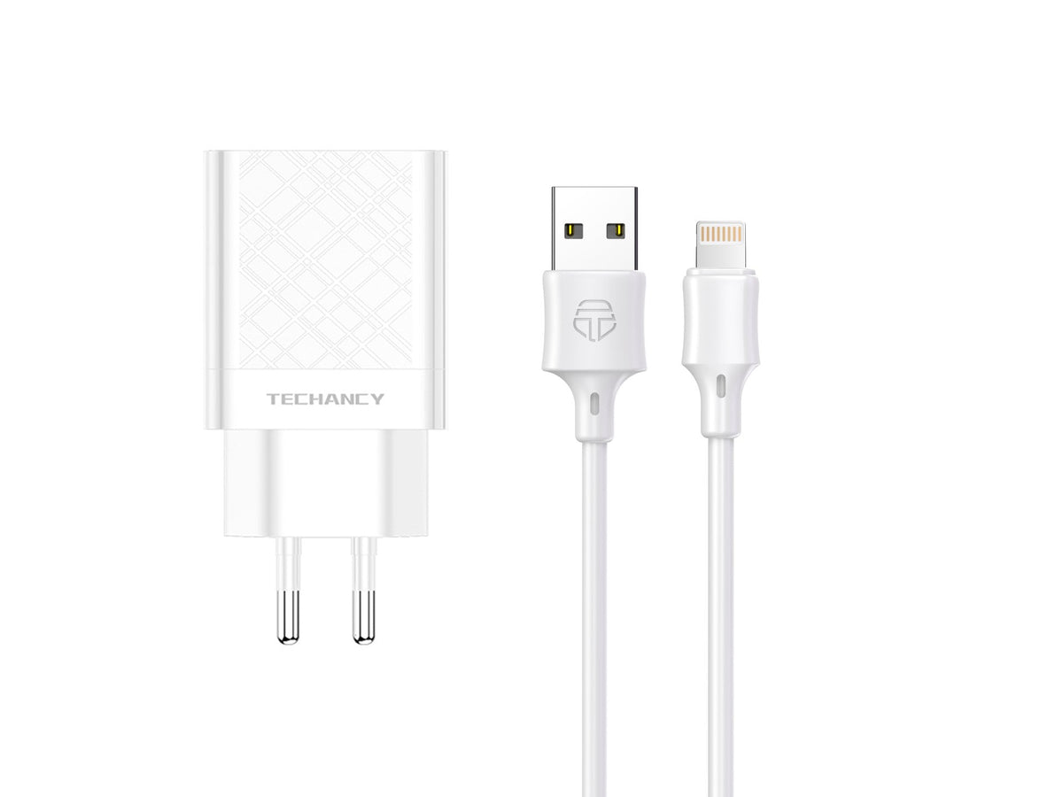 Techancy Carregador Usb 2.4A Branco  TA2759, Kit De Cabos Ip7/X/11-14, 1m 2.4A, Chip Inteligente Incorporado.