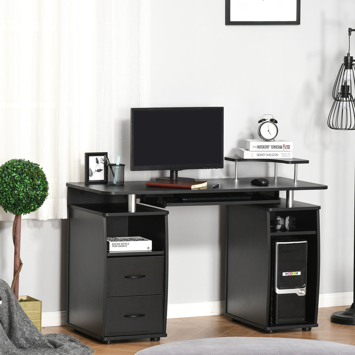 Bureau informatique étagères et tiroir, 120 x 50 x 85 cm, bureau d'ordinateur avec rangement support imprimant et clavier, table d'étude pour chambre, bureau, noir