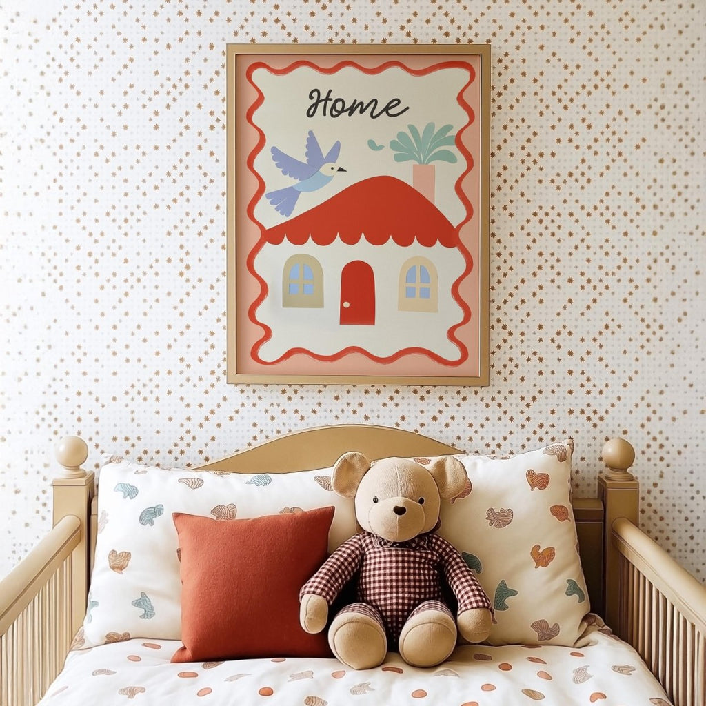 Poster Kinderzimmer Haus · Home mit Vogel & Pflanze · Liebevolles Wandbild · Sanfte Farben · Deko Print ohne Rahmen