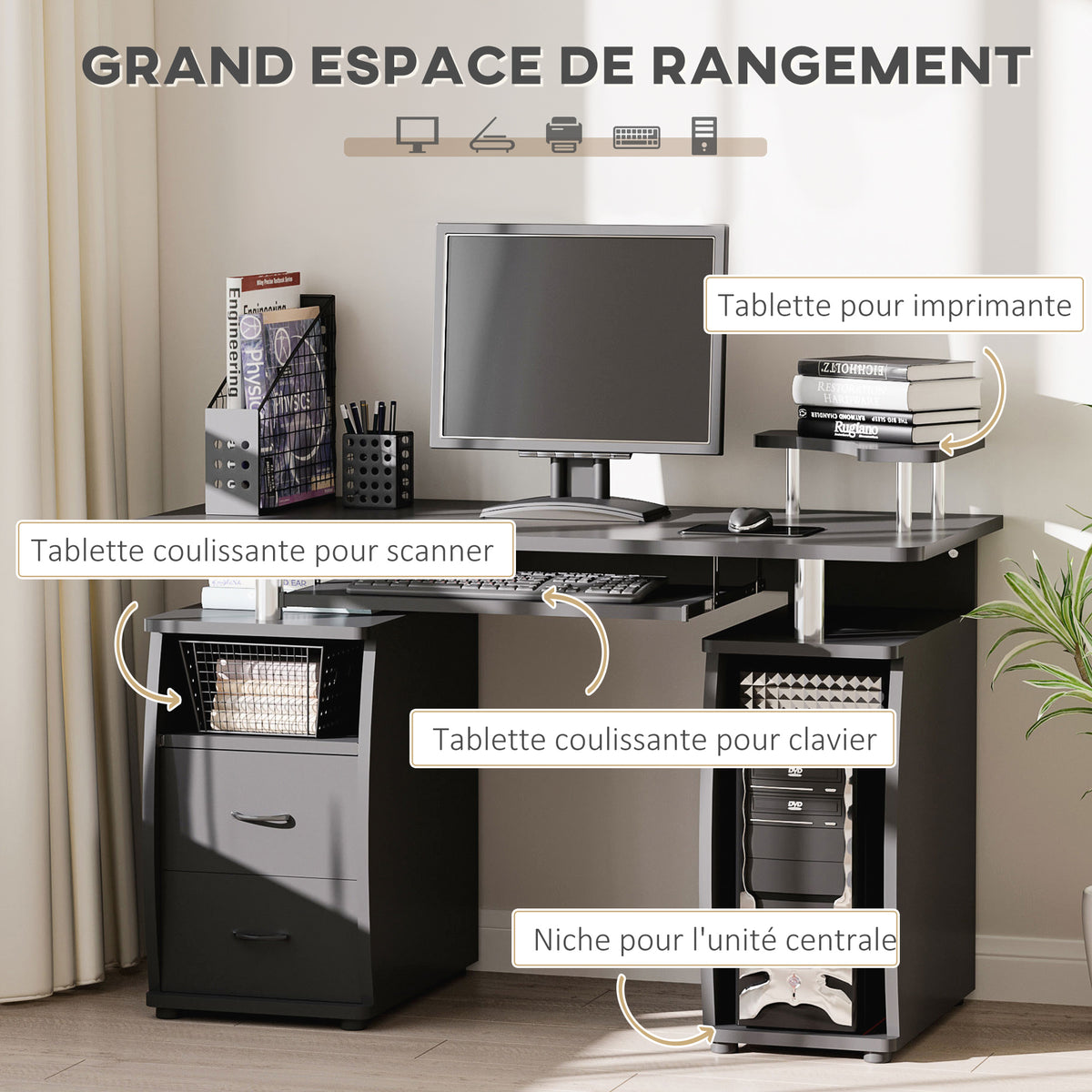 Bureau informatique étagères et tiroir, 120 x 50 x 85 cm, bureau d'ordinateur avec rangement support imprimant et clavier, table d'étude pour chambre, bureau, noir